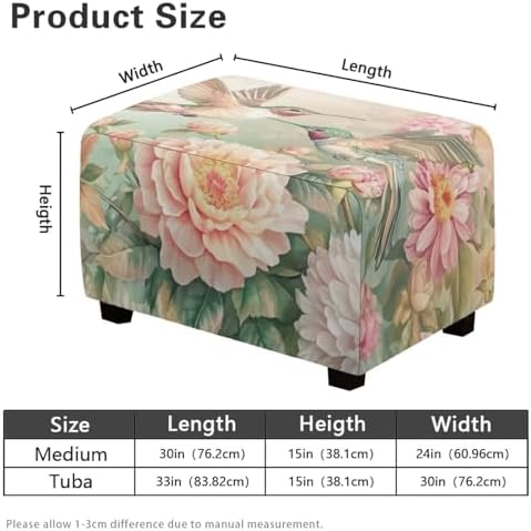 Floral Hummingbird Ottoman Cover Rectangular Stretch Slipcover for Living Room