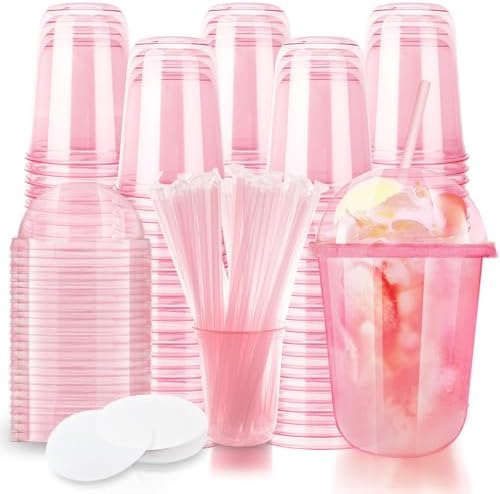 16oz Disposable Stemless Glasses With Dome Lids and Straws
