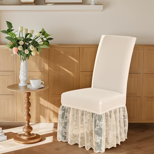 Set of 4 White Chair Covers with Lace Skirt