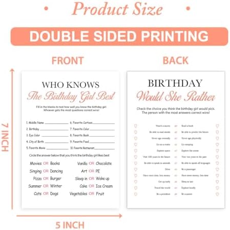 Birthday Party Games Set - 20 Girly Cards for 20 Guests