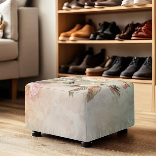 Floral Hummingbird Ottoman Cover Rectangular Stretch Slipcover for Living Room