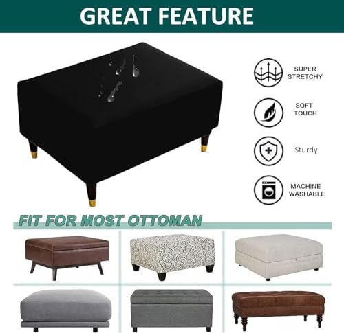 PU Leather Ottoman Slipcover Waterproof and Stretchy Black M