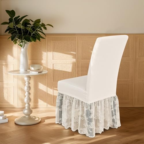 Set of 4 White Chair Covers with Lace Skirt