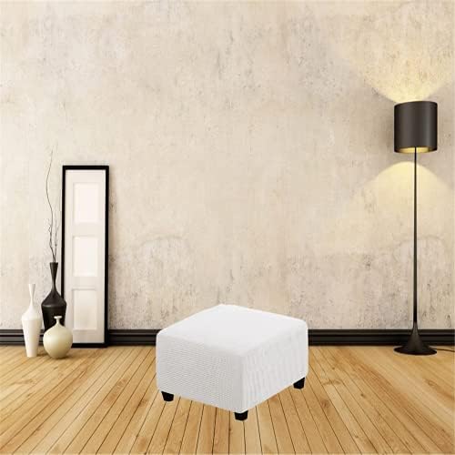 Soft Square Ottoman Cover - Durable Stretchable Jacquard Slipcover with Elastic Bottom - Large White