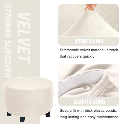 Luxurious Round Velvet Ottoman Slipcover - X-Large Ivory