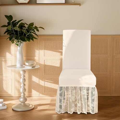 Set of 4 White Chair Covers with Lace Skirt