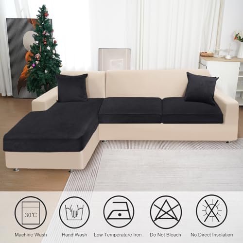Velvet Sectional Couch Cover with Pillowcases Black