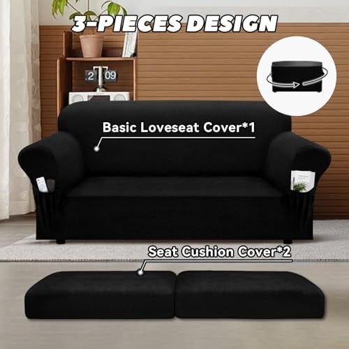 Loveseat Slipcover with Armrest Pockets 3-Piece Set Black