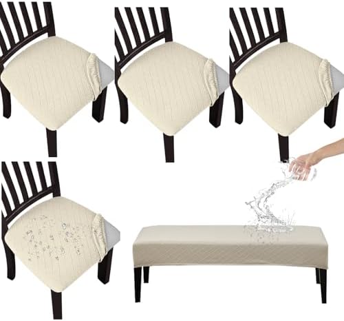 KRFOONN 4pcs Dining Chair Covers with Bench Protector Beige