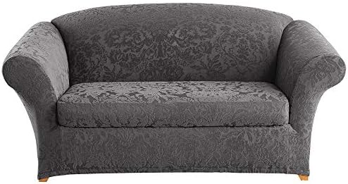 SureFit Stretch Jacquard Damask Box Cushion Loveseat Two Piece Slipcover Gray