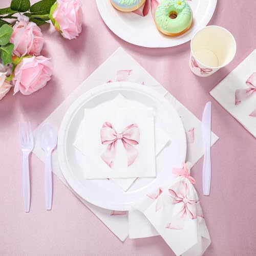 Crtiin 100 Pcs Pink Bow Napkins 2 Ply 5x5 Inches 1