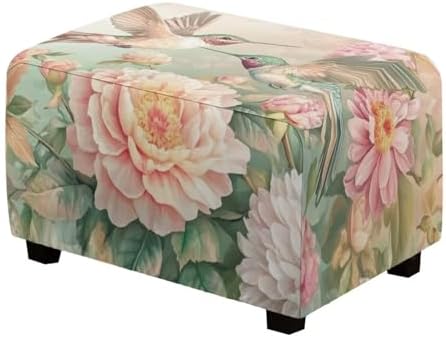 Floral Hummingbird Ottoman Cover Rectangular Stretch Slipcover for Living Room