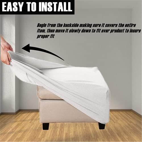 Soft Square Ottoman Cover - Durable Stretchable Jacquard Slipcover with Elastic Bottom - Large White