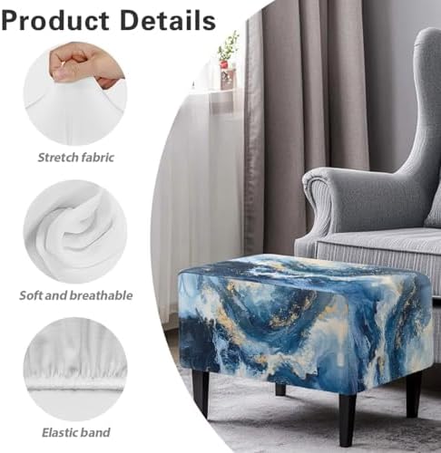 Talayituse Blue Marble Print Waterproof Stretch Ottoman Cover 1