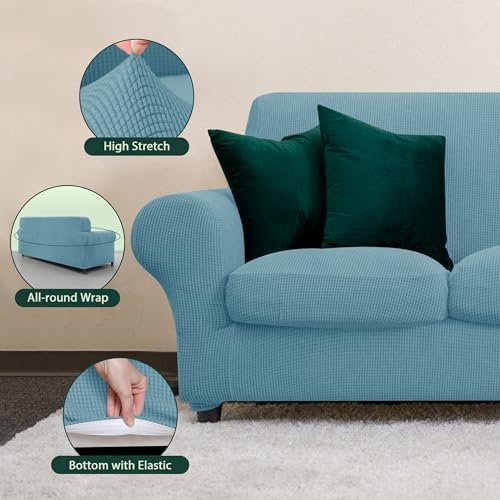 CHUN YI 3 Piece Stretch Loveseat Sofa Cover Set Smoky Blue Medium