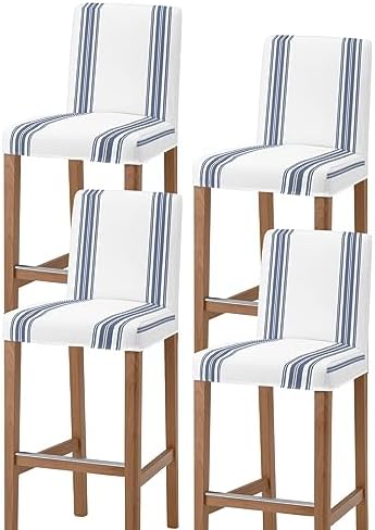 Blue Ticking Bar Stool Covers Set of 4 Stretch Elastic