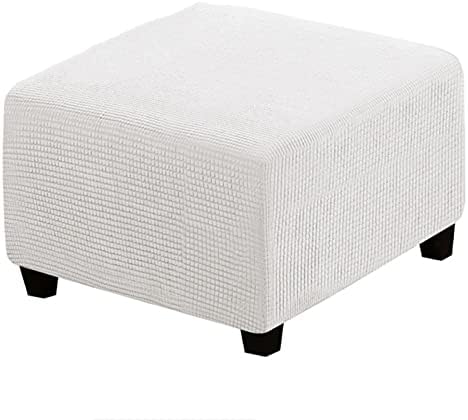 Soft Square Ottoman Cover - Durable Stretchable Jacquard Slipcover with Elastic Bottom - Large White
