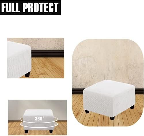Soft Square Ottoman Cover - Durable Stretchable Jacquard Slipcover with Elastic Bottom - Large White