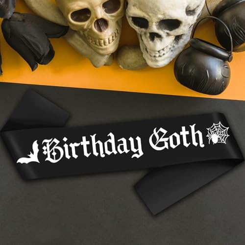 Goth Birthday Sash with White Glitter Bats and Gothic Lettering 1