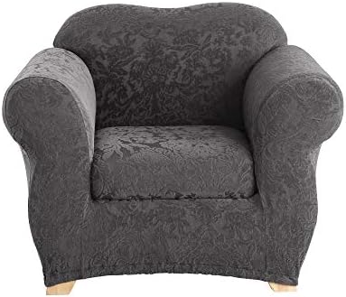 SureFit Stretch Jacquard Damask Box Cushion Chair Slipcover Form Fit Gray
