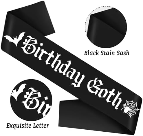 Goth Birthday Sash with White Glitter Bats and Gothic Lettering 1