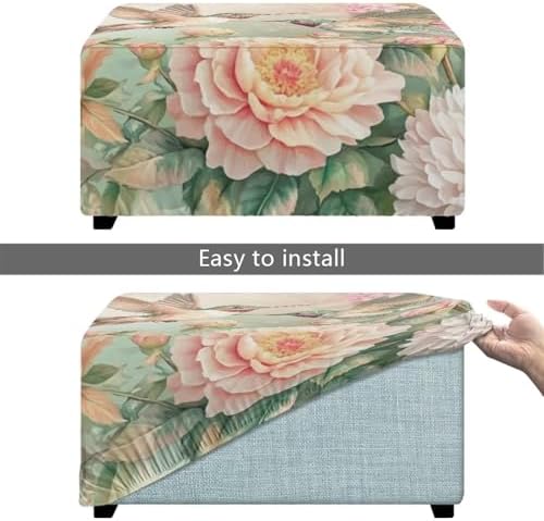 Floral Hummingbird Ottoman Cover Rectangular Stretch Slipcover for Living Room