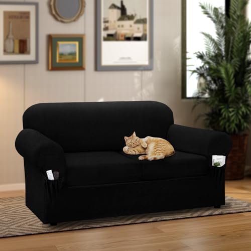 Loveseat Slipcover with Armrest Pockets 3-Piece Set Black