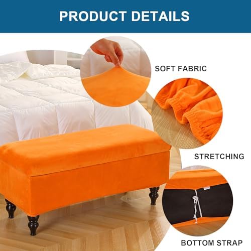 Velvet Storage Ottoman Cover Rectangle Bench Slipcover with Elastic Bands