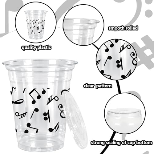50Pcs 12Oz Black Musical Note Cups with Lids and Straws