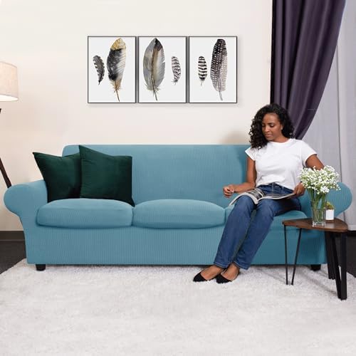 CHUN YI 3 Piece Stretch Loveseat Sofa Cover Set Smoky Blue Medium