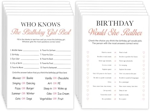 Birthday Party Games Set - 20 Girly Cards for 20 Guests