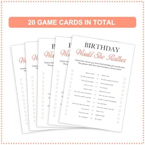 Birthday Party Games Set - 20 Girly Cards for 20 Guests