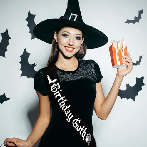 Goth Birthday Sash with White Glitter Bats and Gothic Lettering 1