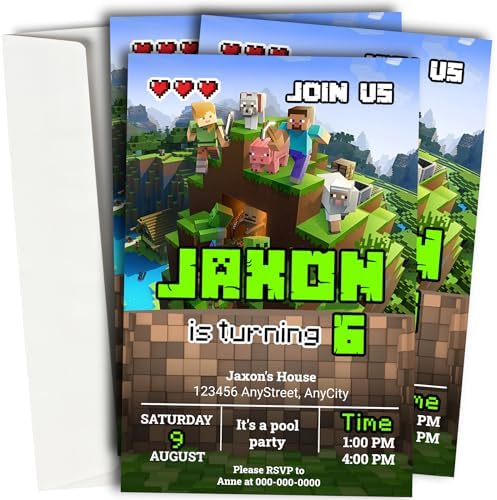 Customizable Minecraft Birthday Invites with Envelopes