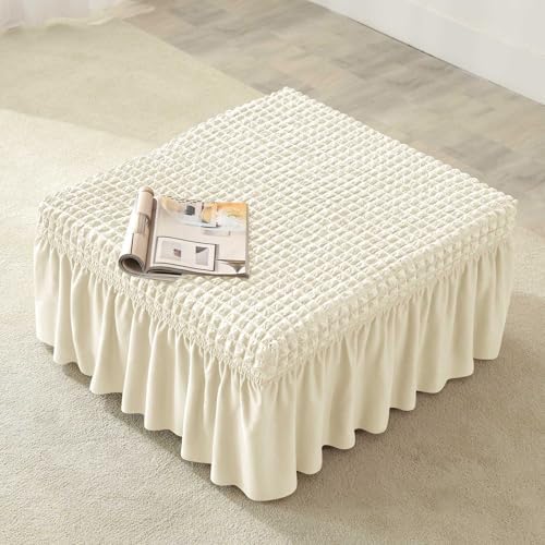 Seersucker Ottoman Slipcover with Skirt - Beige Large