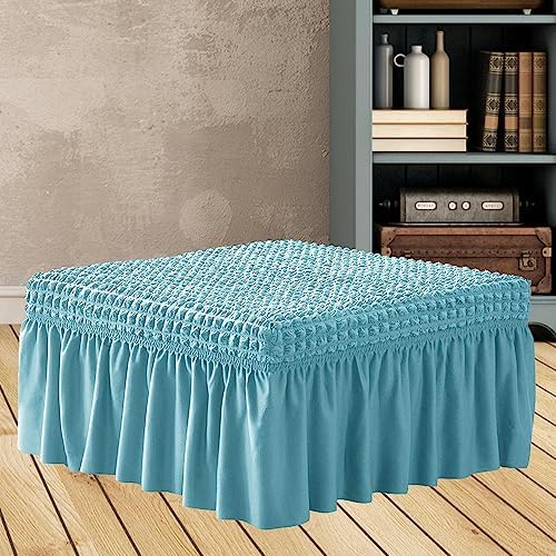 NIDITW Stretch Blue Seersucker Ottoman Cover with Skirt
