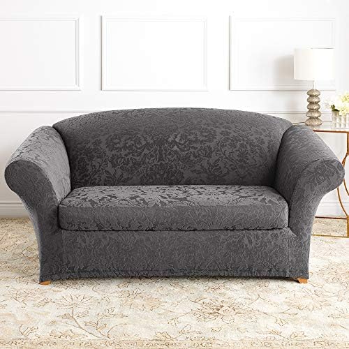 SureFit Stretch Jacquard Damask Box Cushion Loveseat Two Piece Slipcover Gray