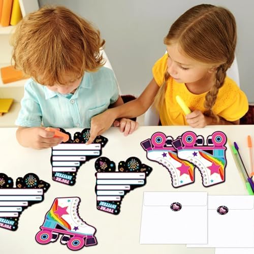 30pcs Neon Roller Skating Birthday Invitations with Envelopes and Stickers