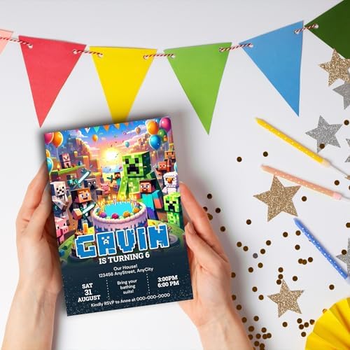 12 Custom Minecraft Birthday Invites With Envelopes Gaming Theme 45 x 65 Inches