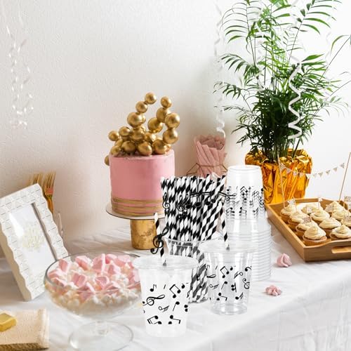 50Pcs 12Oz Black Musical Note Cups with Lids and Straws
