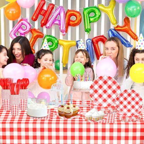 WNINK 176 PCS Red Gingham Plates Napkins Set for Parties