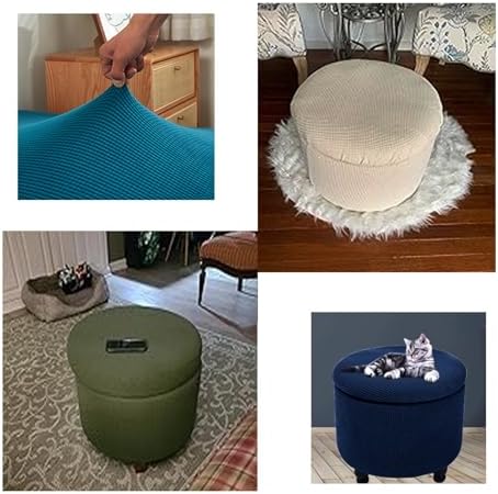 Folding Storage Stretch Round Ottoman Cover with Lid Footstool Slipcover 18-24in