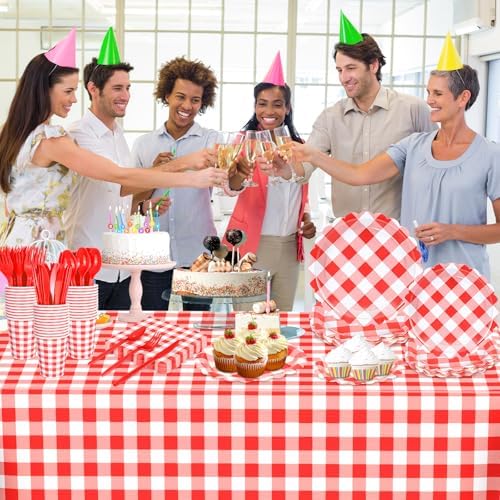 WNINK 176 PCS Red Gingham Plates Napkins Set for Parties