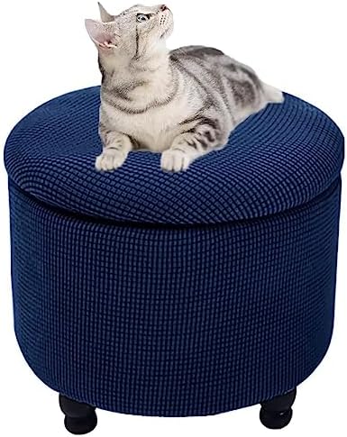Dark Blue Stretch Jacquard Fabric Ottoman Slipcover Set