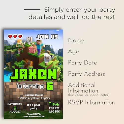 Customizable Minecraft Birthday Invites with Envelopes