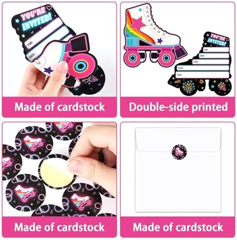 30pcs Neon Roller Skating Birthday Invitations with Envelopes and Stickers