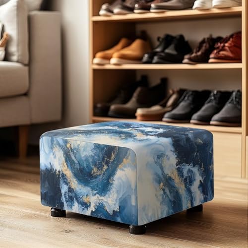 Talayituse Blue Marble Print Waterproof Stretch Ottoman Cover 1