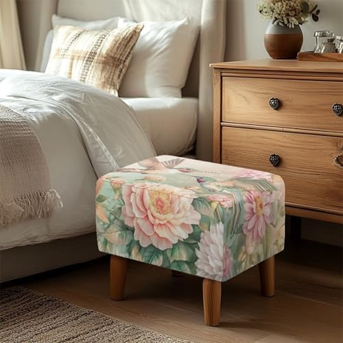 Floral Hummingbird Ottoman Cover Rectangular Stretch Slipcover for Living Room