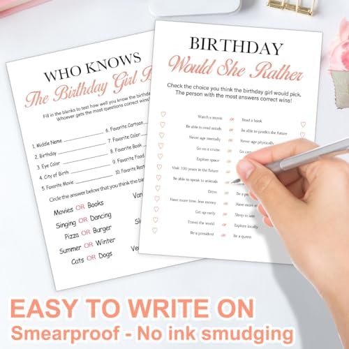 Birthday Party Games Set - 20 Girly Cards for 20 Guests