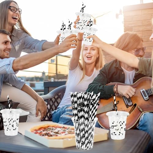 50Pcs 12Oz Black Musical Note Cups with Lids and Straws
